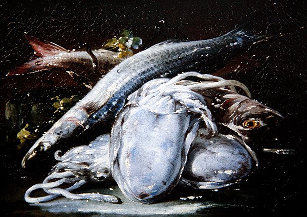 Bläckfisk, grå mulle och röd mulle vilande på en stenavsats (olja på duk) av Gaetano Cusati