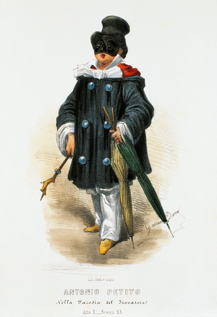 Skådespelaren Antonio Petito (1822-1876) i scenkostym i parodien Trubaduren, litografi av Gaetano Dura (1805-1874) av Gaetano Dura
