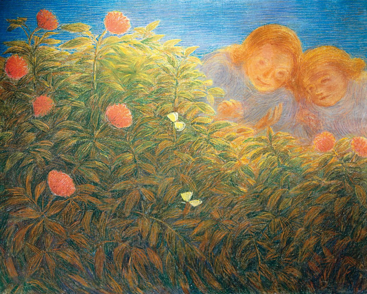 Blommor och fjärilar, av Gaetano Previati (1852-1920), olja på duk av Gaetano Previati
