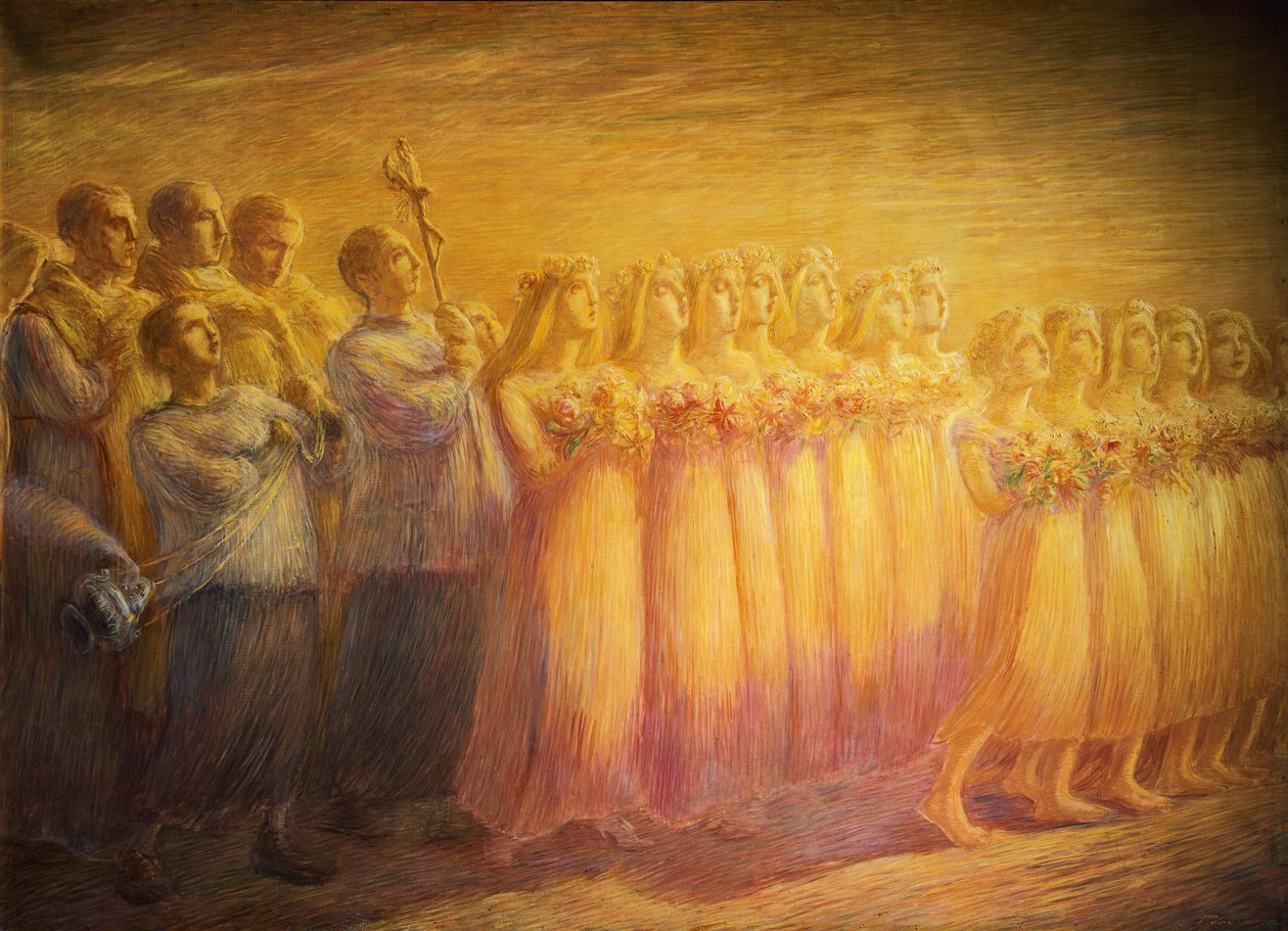 Jungfruns begravning, av Gaetano Previati (1852-1920), Detalj av höger sida av Gaetano Previati