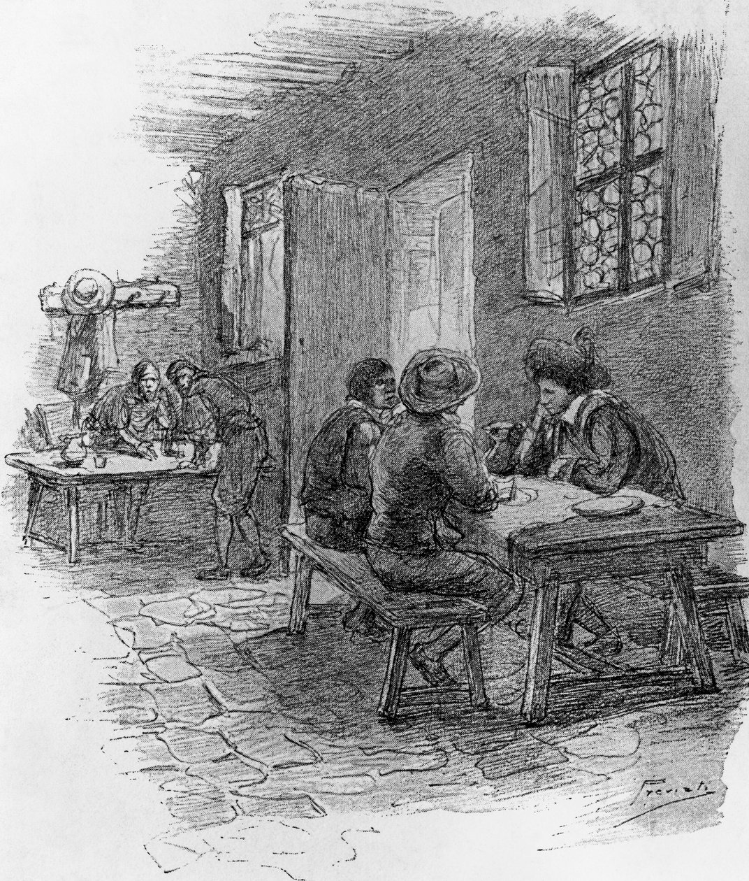 Renzo, Tonio och Gervase på värdshuset, kapitel VII, illustration av Gaetano Previati (1852-1920) för trofasthet, historisk roman av Alessandro Manzoni (1785-1873) av Gaetano Previati