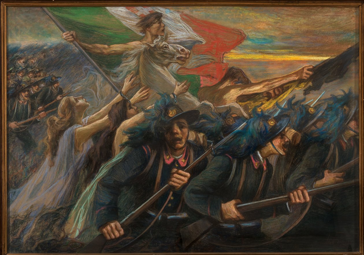 Trento och Trieste, Bersaglieriernas laddning (gevärsmän) (olja på duk) av Gaetano Previati