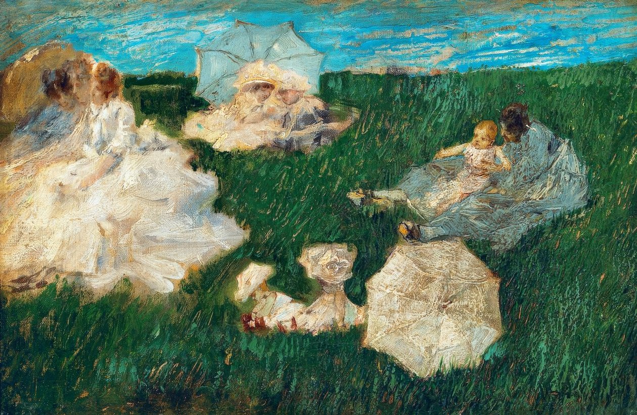 Kvinna med barn i trädgården, 1896, av Gaetano Previati