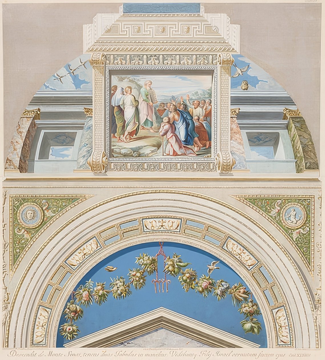 Lunetten och det välvda området med Moses visar lagens tavlor. 1774 av Gaetano Savorelli