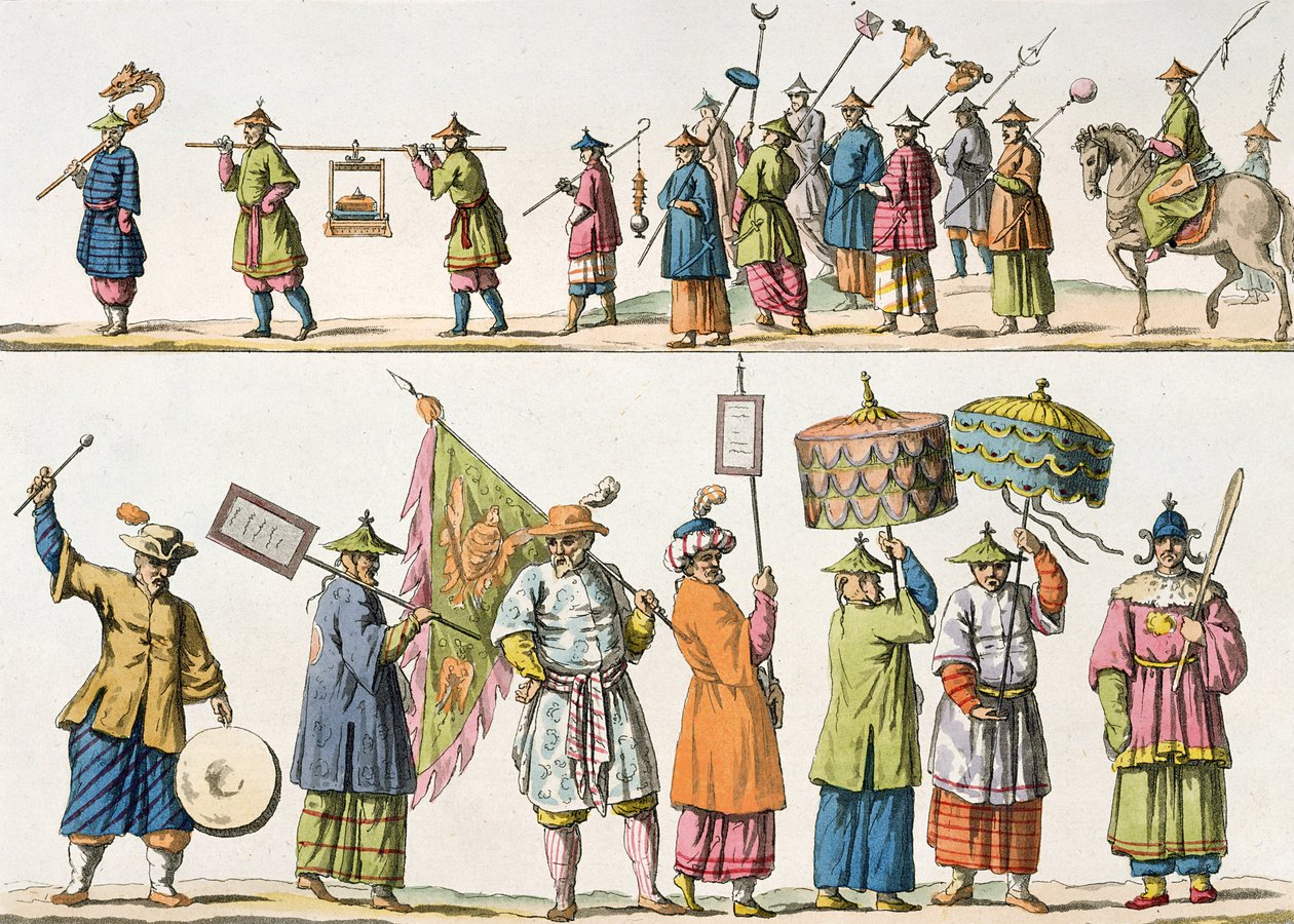 Huvuddeltagare i den kinesiske kejsarens procession, illustration från 
