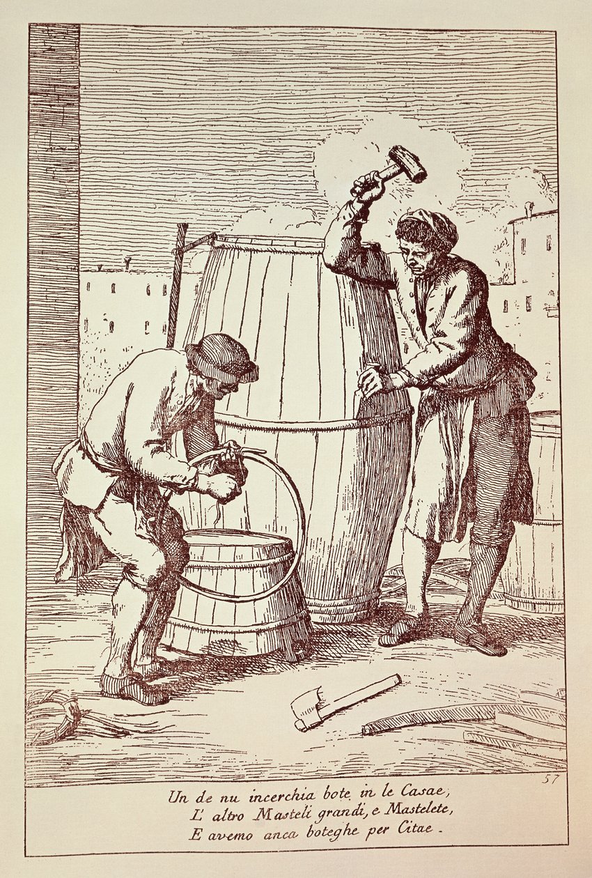 Coopers at work, gravyr av Gaetano Gherardo Zompini (1700-1778) från The arts of everyday life in the city of Venedig, Italien av Gaetano Zompini