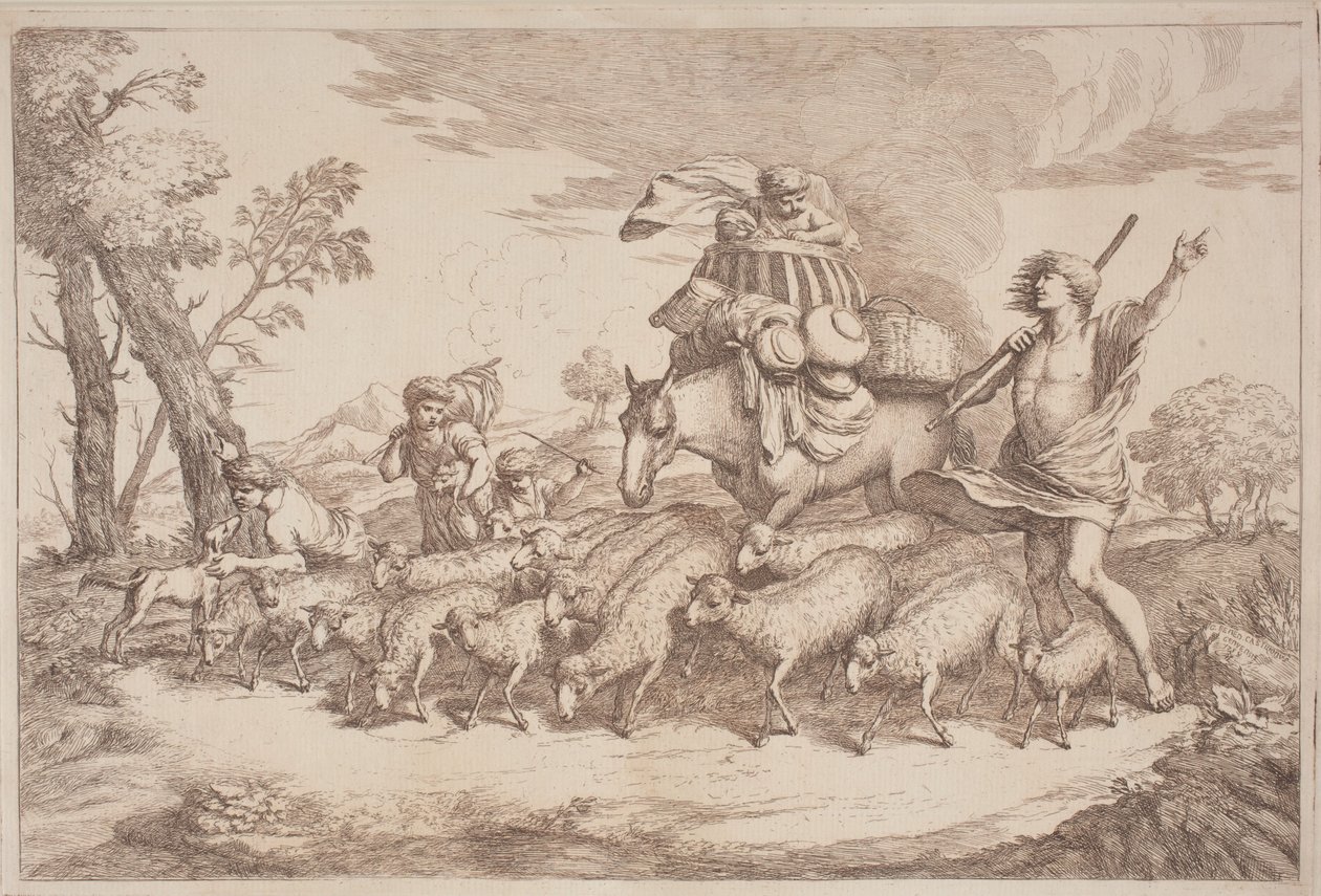 En pastoral resa med ett barn i en korg till häst av Gaetano Zompini, after Giovanni Benedetto Castiglione