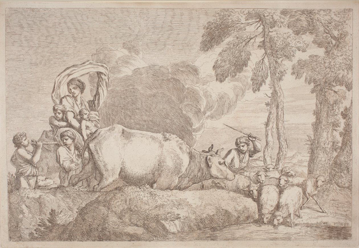 En kvinna med två barn till häst av Gaetano Zompini, after Giovanni Benedetto Castiglione