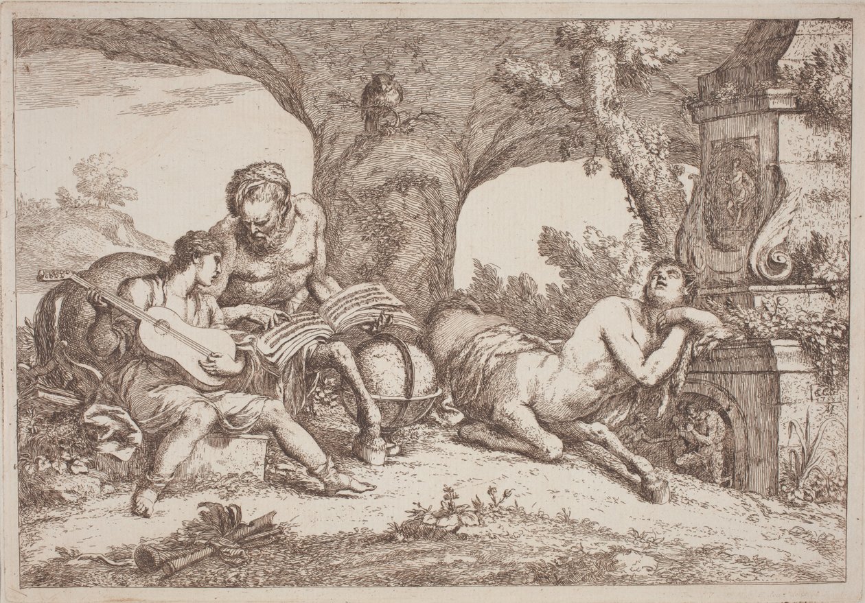 Chiron lär ut musik till Achilles av Gaetano Zompini, after Giovanni Benedetto Castiglione
