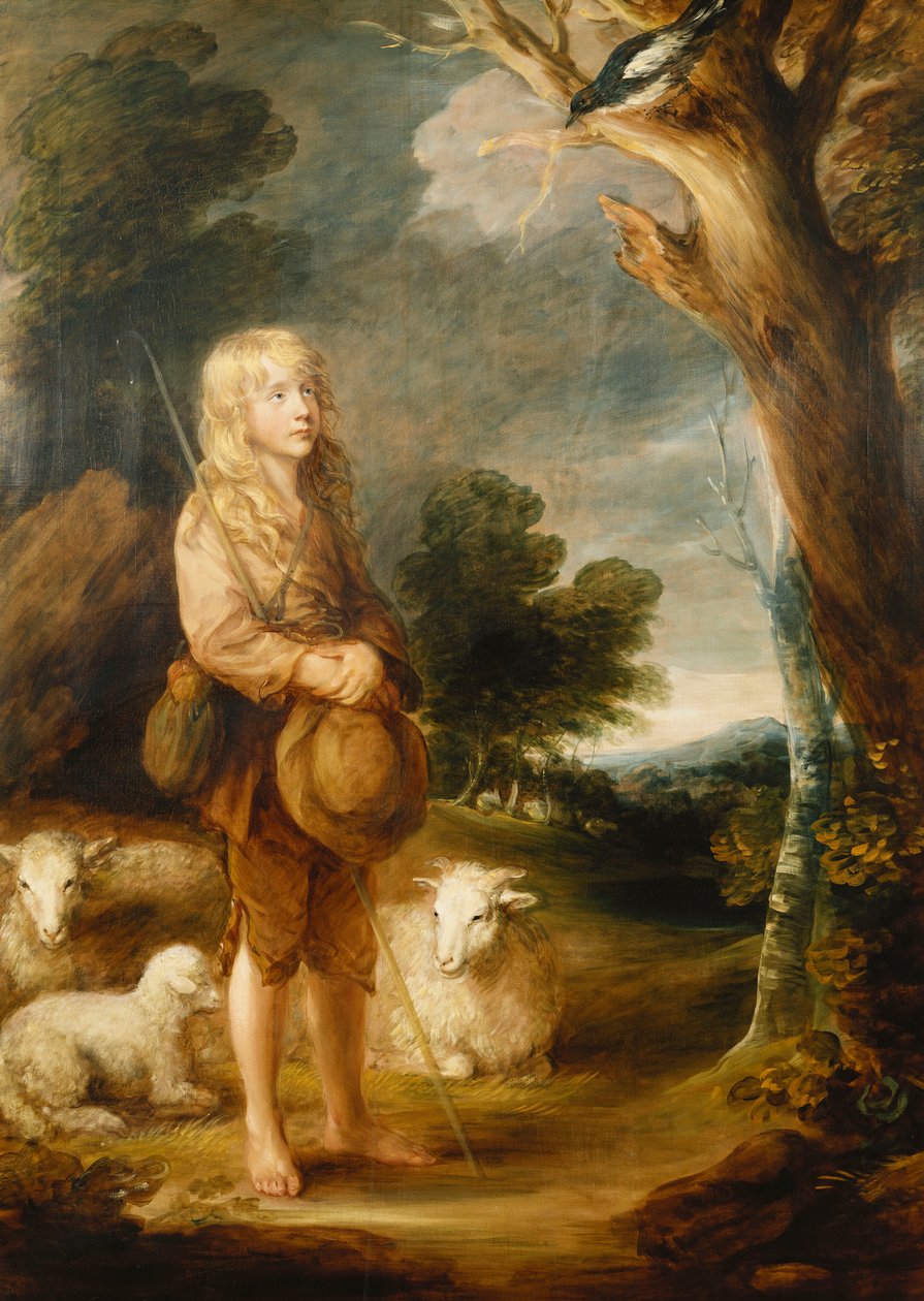 Ett skogslandskap med en herdepojke som lyssnar på en skata och tre får, av Gainsborough Dupont