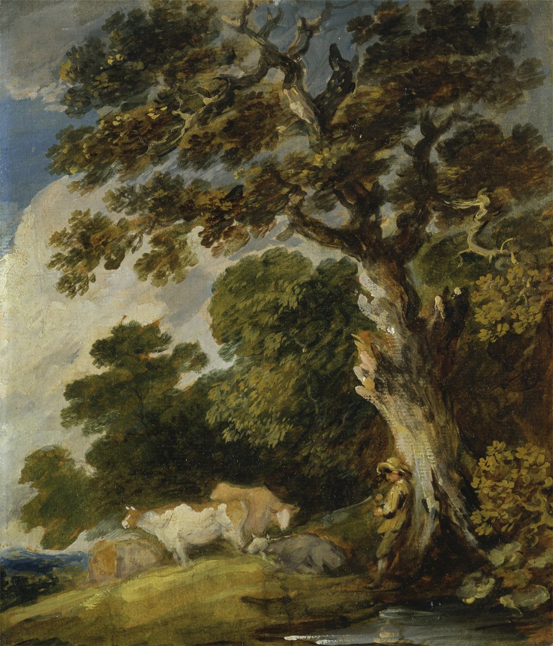 Ett skogslandskap med boskap och herdar (olja på papper på duk) av Gainsborough Dupont