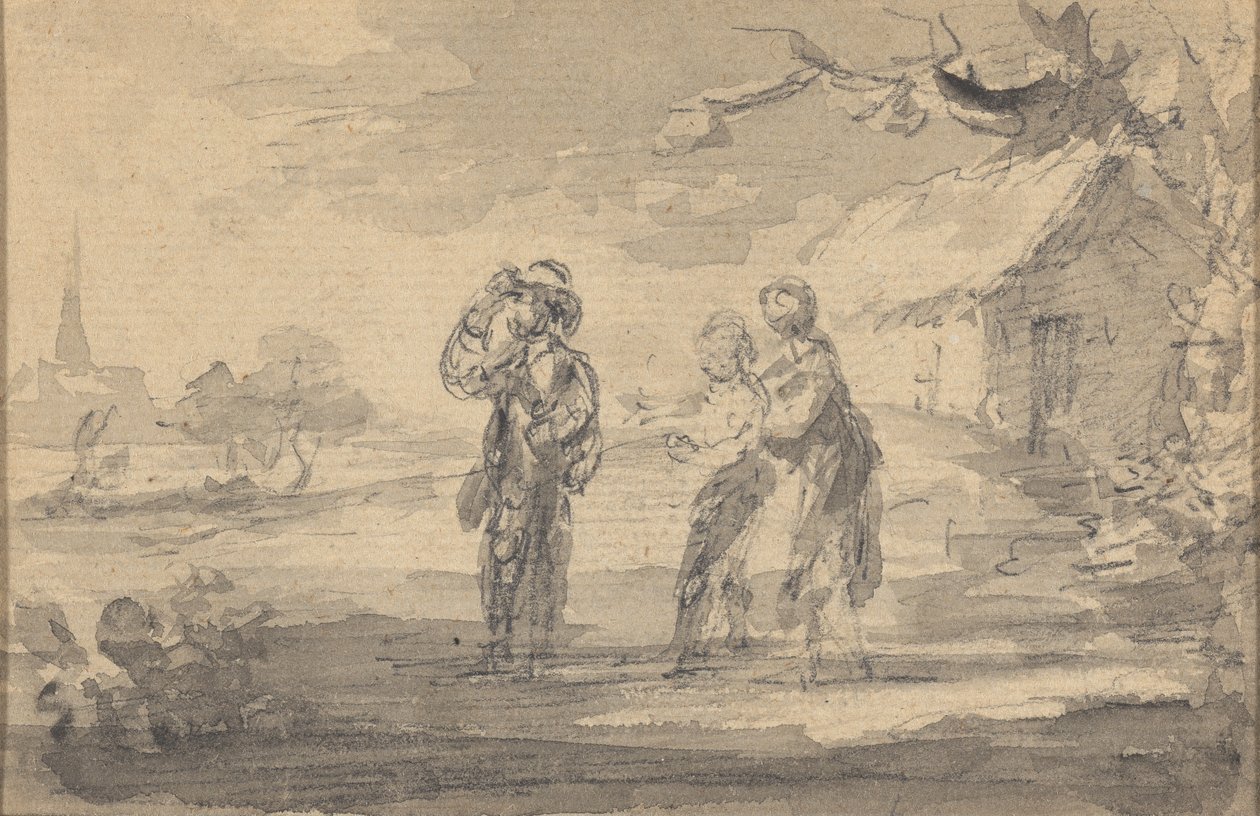 Landskap med tre figurer, stuga och kyrkspira av Gainsborough Dupont