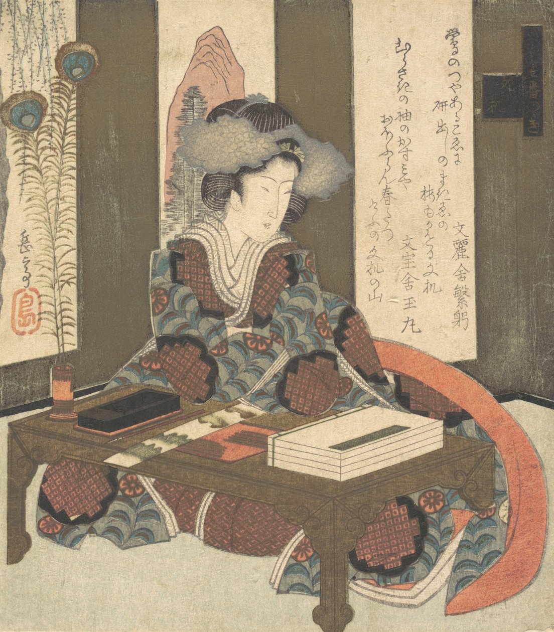 En dam som ska skriva en dikt, ca. 1820. av Gakutei