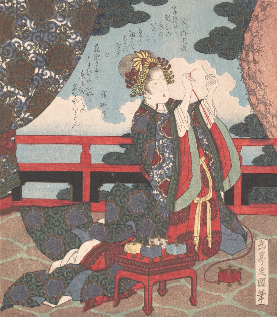 Lady Threading Needle på verandan, 1800-talet. av Gakutei