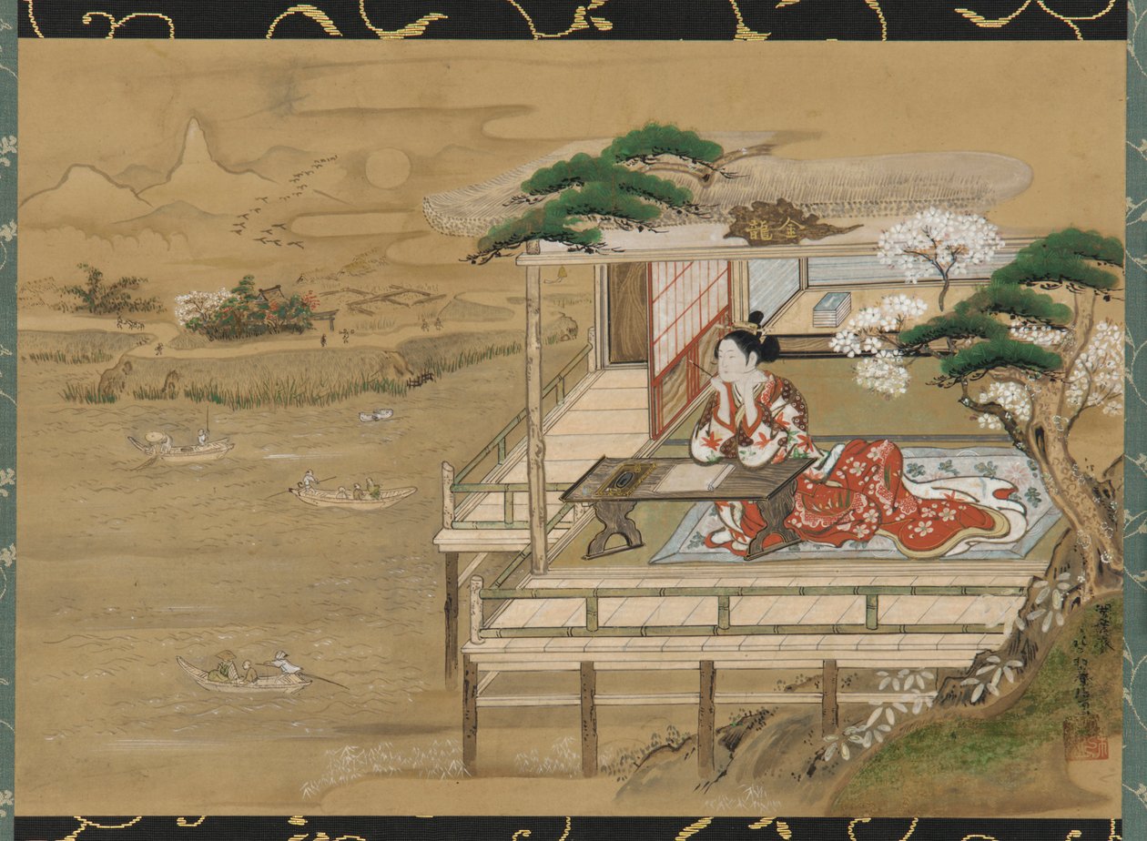 Murasaki Shikibu pulver mpo ny g tea tae f Genji på Ishiyamadera, Edo Perio d, 19:e linje. av Gakutei