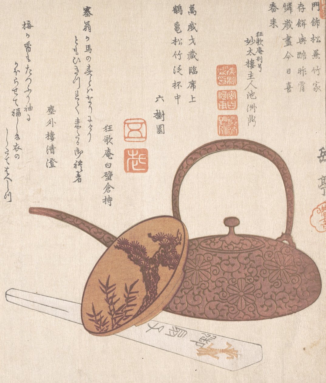 Vinkruka, vinkopp och hopfälld fläkt, 1800-tal. av Gakutei