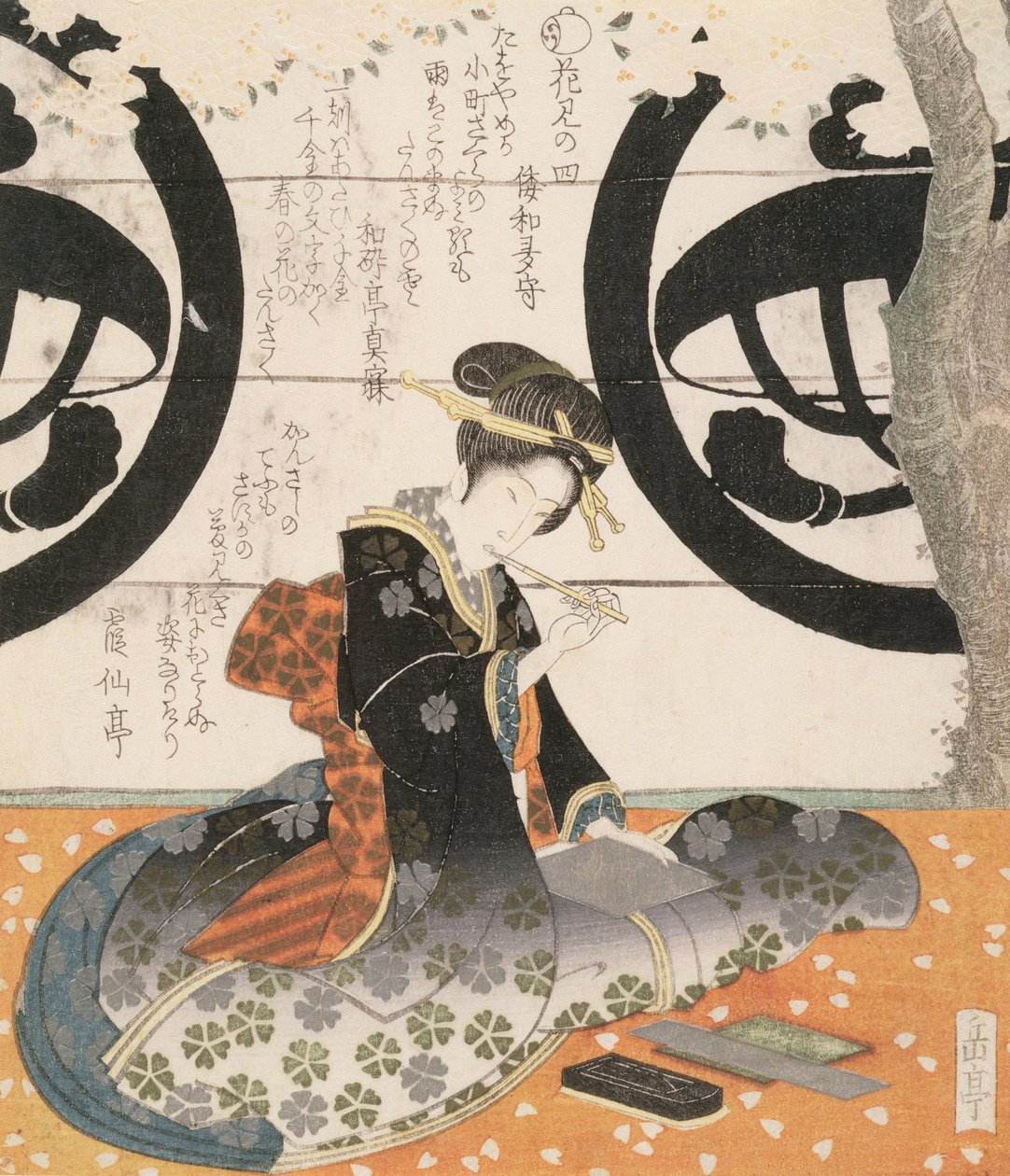 Beauty Viewing Flowers (träblock i färg) av Gakutei Harunobu