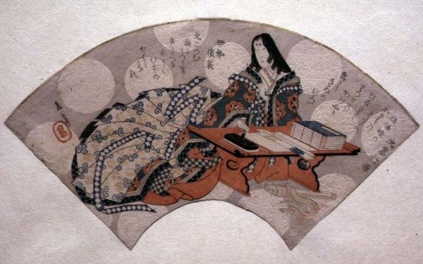 Court Lady Preparing Ink, design för en fläkt, c.1818-30 (träblocktryck) av Gakutei Harunobu