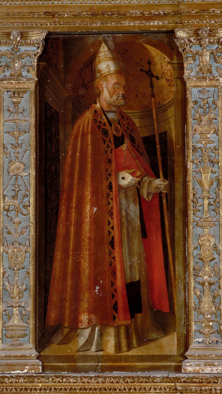 Födelsepolyptyk, sidopaneler med de heliga Peter, Paulus, Clement och Magdelene, detalj av Saint Clement av Galeazzo and Aleni Tommaso fl.1505 15) Campi