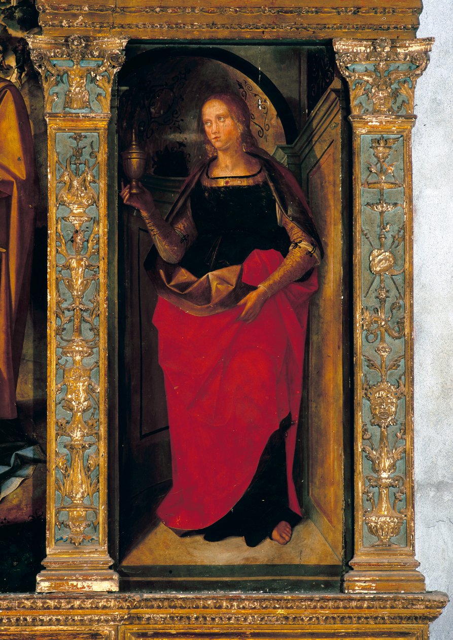 Polyptyk med Födelsekyrkan med sidopaneler med de heliga Peter, Paulus, Clement och Magdelene (detalj av Maria Magdelena) av Galeazzo and Aleni Tommaso fl.1505 15) Campi