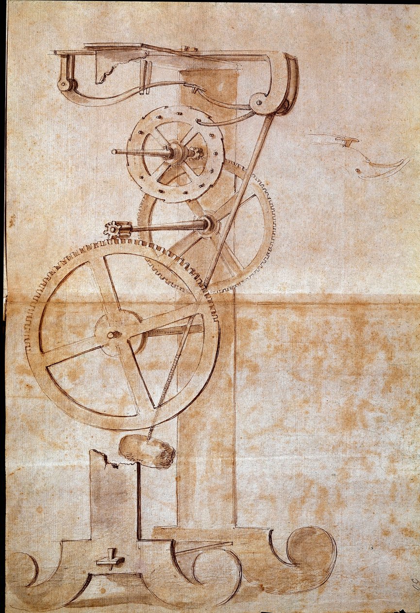 Titta på en vägningspendel som studerades av den italienske astronomen och fysikern Galileo Galilei dit Galilee (1564-1642) 1638 för att mäta tid. Teckning. Florens, Nationalbiblioteket av Galileo Galilei