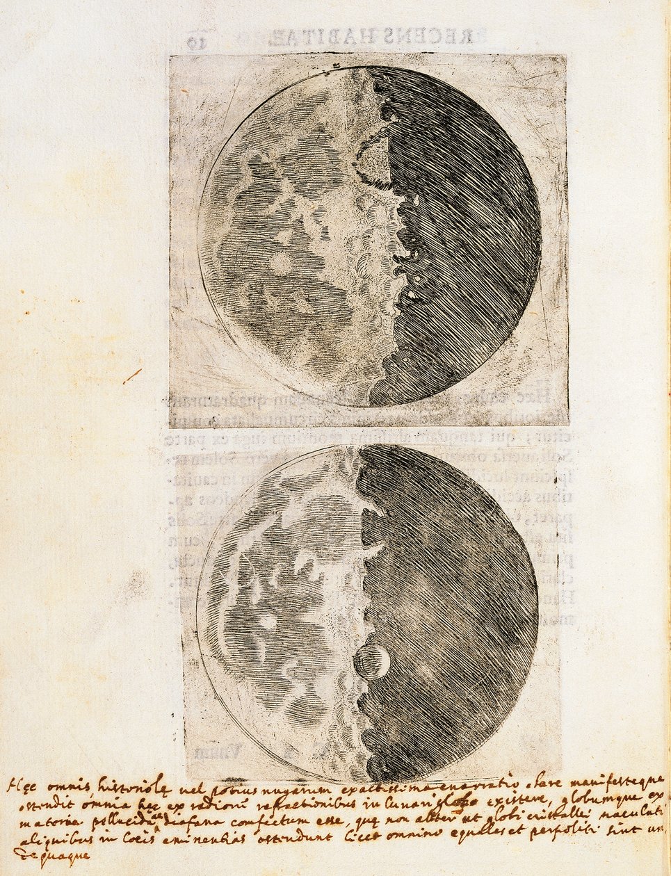 Sidereus Nuncius (Starry Messenger) med ritningar av månens faser och yta av Galileo Galilei