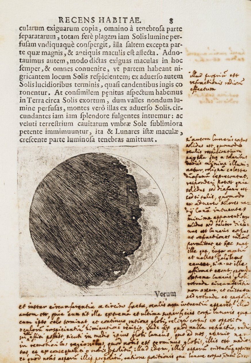 Sidereus Nuncius (Starry Messenger) med ritningar av månens faser och yta av Galileo Galilei