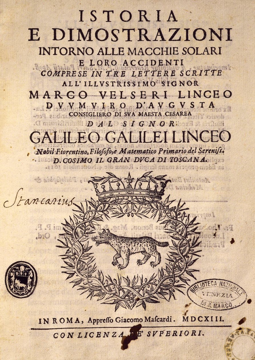 Titelsida av Historia och demonstrationer om solfläckar och deras egenskaper av Galileo Galilei