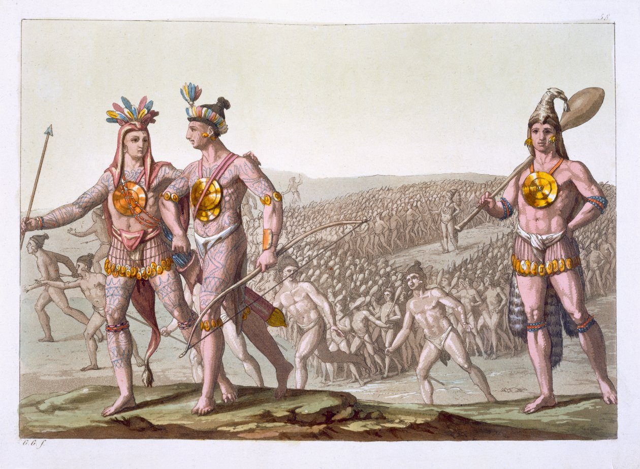 Chief Outina, Saturibas fiende, vandrar bland sina anhängare, platta 58 från "Le Costume Ancien et Moderne" av Jules Ferrario, publicerad på 1820-30-talen. av Gallo Gallina