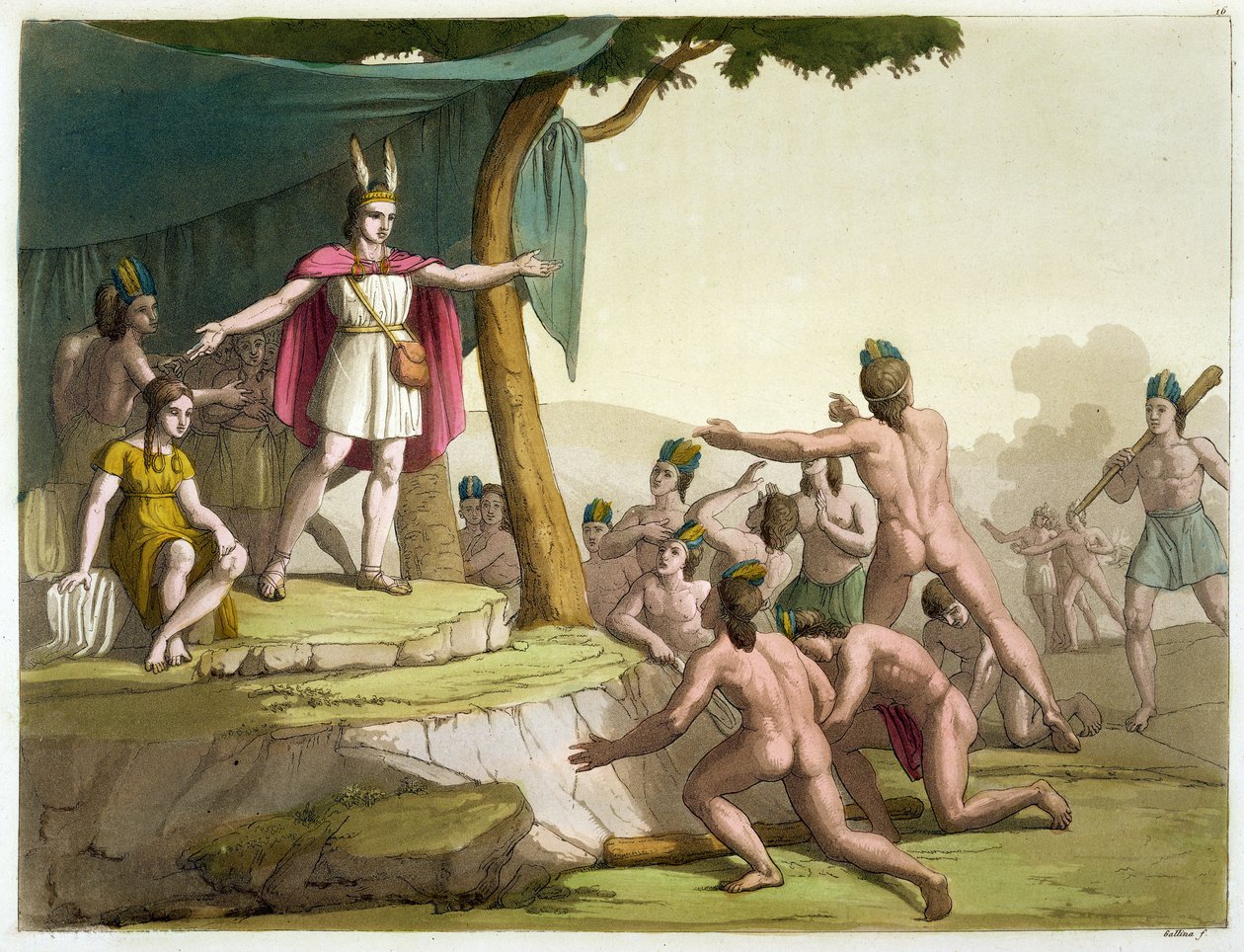 Kung Manco Capac och drottning Coya Mama tar emot hyllning från "Le Costume Ancien et Moderne", volym I, plåt 16, av Jules Ferrario, publicerad ca 1820-30-talet (färggravyr) av Gallo Gallina
