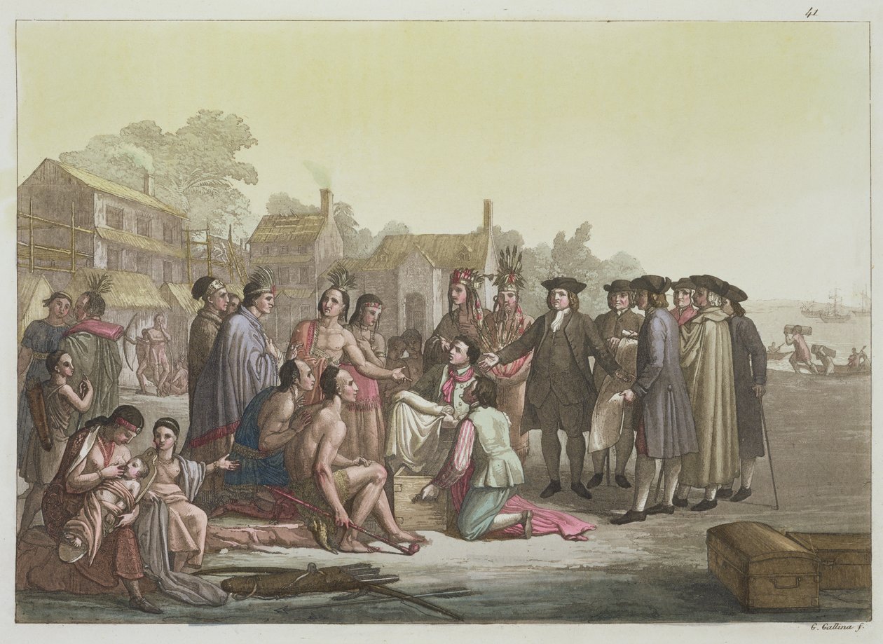 William Penn förhandlar fram fördraget som leder till grundandet av Pennsylvania, från 