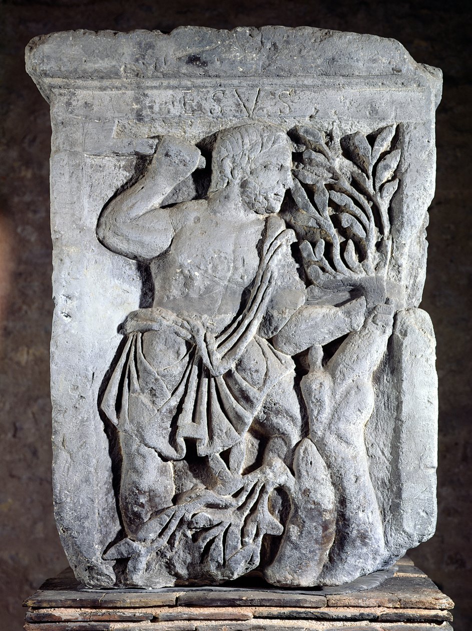 Nautes pelares huvudstad föreställande Esus skärande mistel, 14-37 e.Kr av Gallo Roman