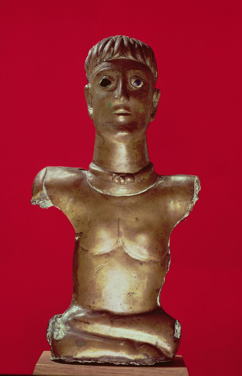 Figur av en gud som bär ett vridmoment som sitter i kors, från Bournay (Essonne) (brons) av Gallo Roman