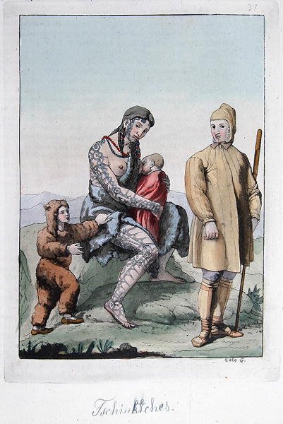 Ett Chukchi-par med sina barn, illustration från "Le Costume Ancien ou Moderne", av Jules Ferrario, publicerad i Milano ca 1820-30-talet (färggravyr) av Gallo Gallina