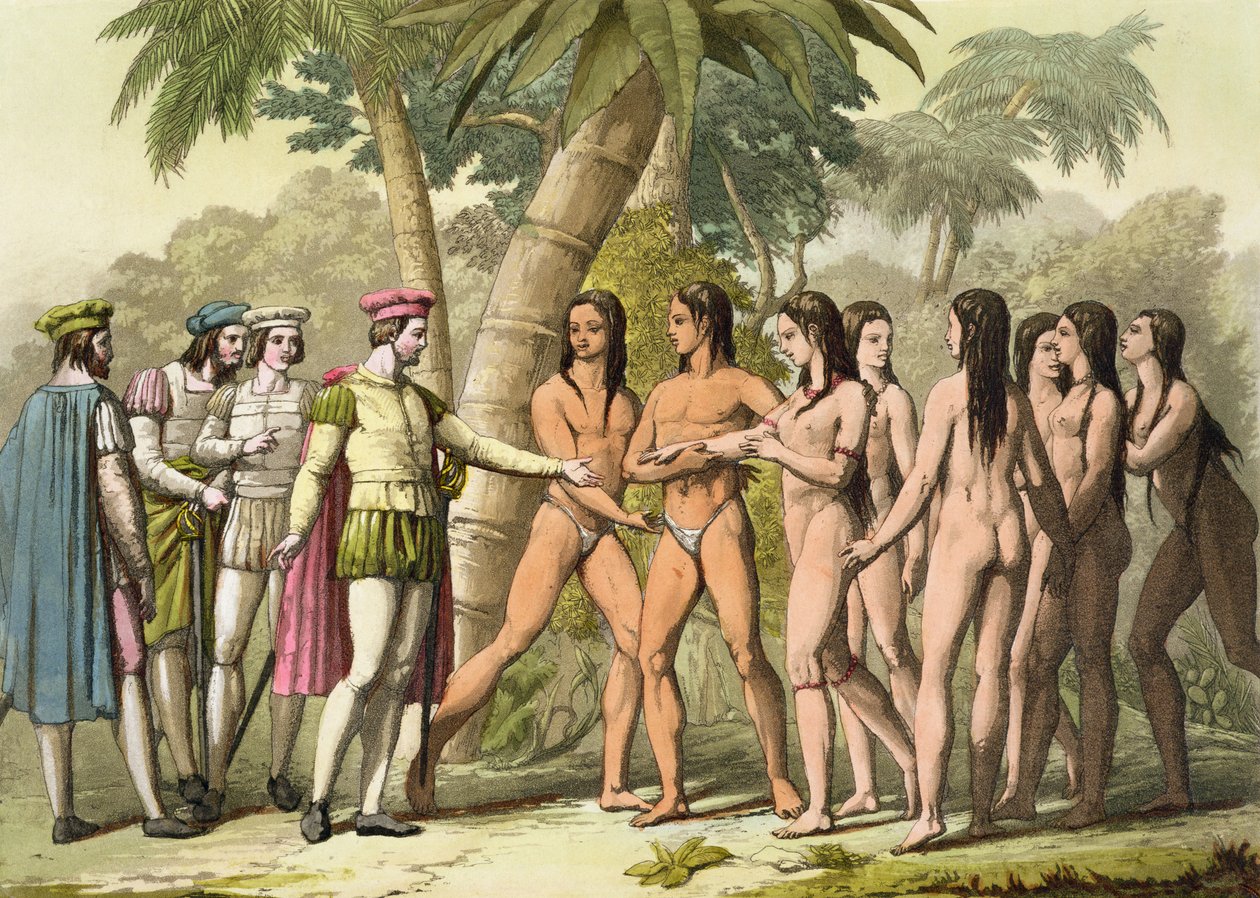 Christopher Columbus (1451-1506) med Hernando Cortes (1485-1547) Tar emot en indiansk flicka som gåva, från 