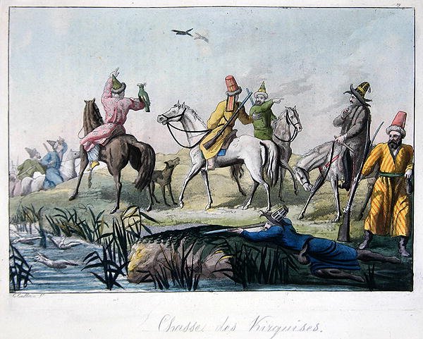 Kirgisiska jägare som skjuter och jagar med falkar, illustration från 