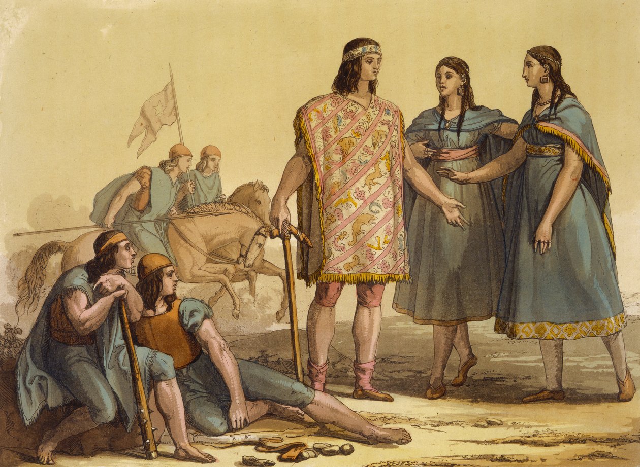 Infödda från Araucani-stammen, Argentina, från Le Costume Ancien et Moderne, Volym II, plåt 37, av Jules Ferrario, publicerad ca 1820-30-talet av Gallo Gallina