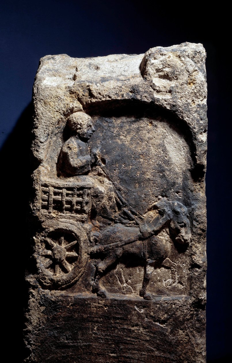 Art Gallo Romain: stele som föreställer en man på en vagn spänd till en häst. 50 f.Kr.-100 e.Kr. Metz. Museum of Fine Arts av Gallo Roman