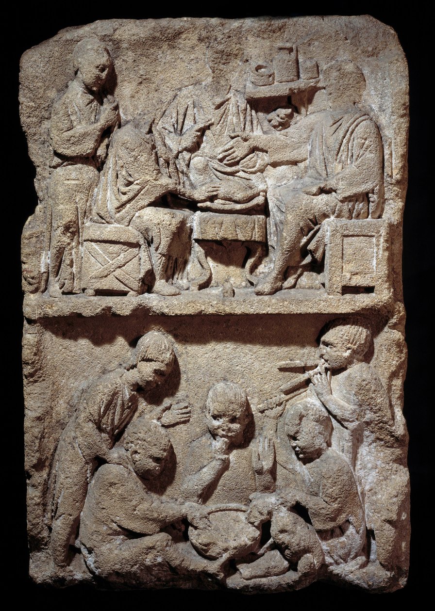 Art Gallo Romain: stel som representerar en scen med måltider och barnspel. 50 f.Kr.-100 e.Kr. Metz. Museum of Fine Arts av Gallo Roman