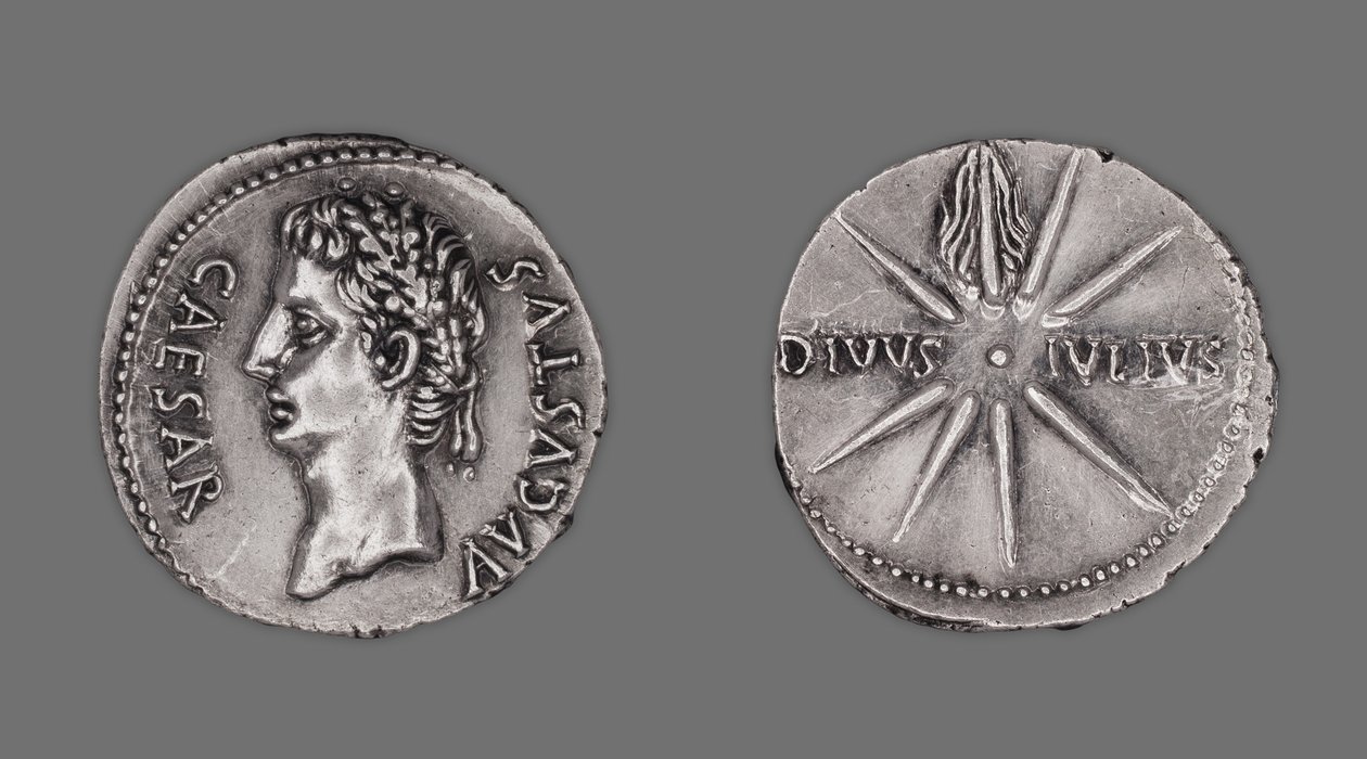 Denarius porträtterar kejsar Augustus, 19-18 f.Kr av Gallo Roman