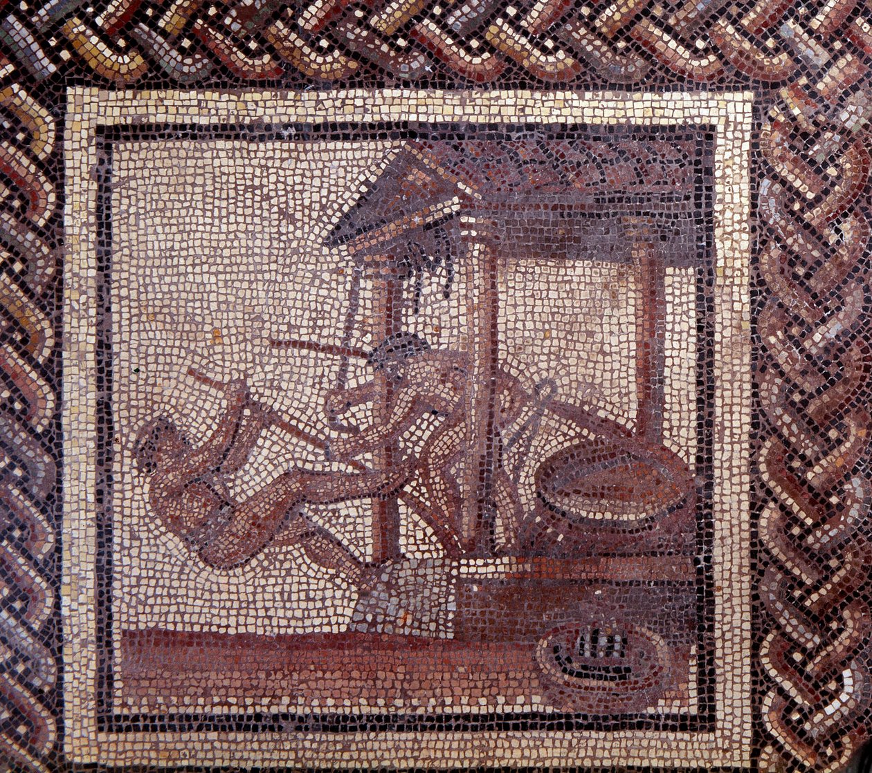 Gallo Roman Art: mosaikbeläggning som representerar en rustik kalender. En oljepress. Slutet 2:a, början av 300-talet efter JC. Från Saint-Romain-en-Gal (Rhone). Saint Germain en Laye, Nationalmuseet för arkeologi av Gallo Roman