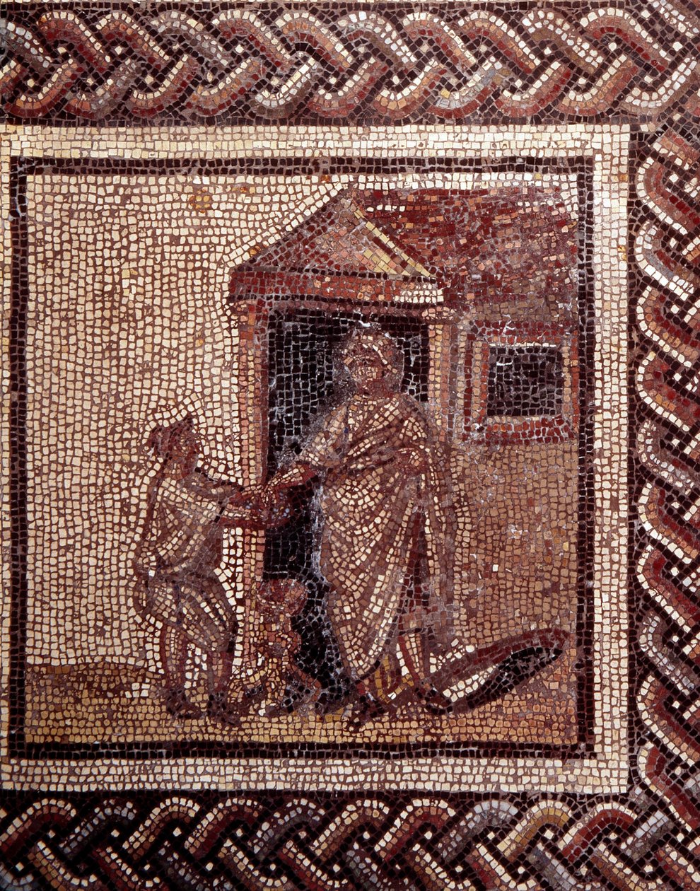 Gallo Roman Art: mosaikbeläggning som representerar en rustik kalender. Firande scen. Slutet 2:a, början av 300-talet efter JC. Från Saint-Romain-en-Gal (Rhone). Saint Germain en Laye, Nationalmuseet för arkeologi av Gallo Roman