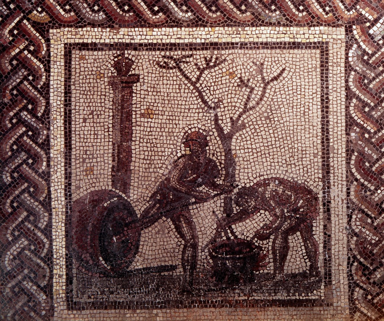 Gallo Roman Art: mosaikbeläggning som representerar en rustik kalender. Jar poistering scen. Slutet 2:a, början av 300-talet efter JC. Från Saint-Romain-en-Gal (Rhône). Saint Germain en Laye, Nationalmuseet för arkeologi av Gallo Roman
