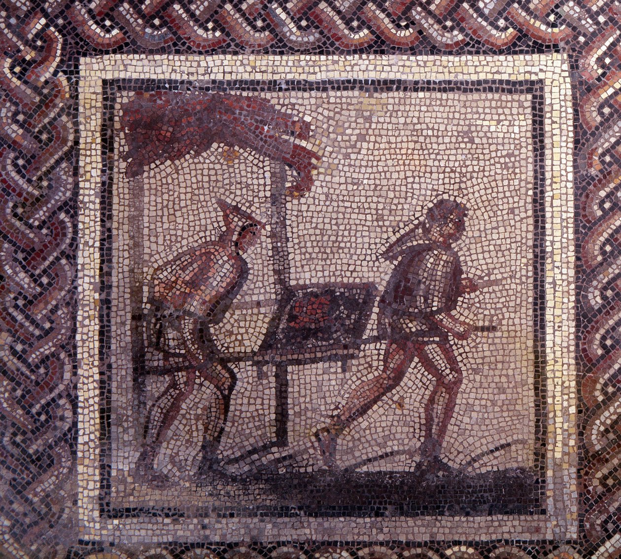 Gallo Roman Art: mosaikbeläggning som representerar en rustik kalender. Gödseltransportscen. Slutet 2:a, början av 300-talet efter JC. Från Saint-Romain-en-Gal (Saint Romain en Gal, Rhone). Saint Germain en Laye, Nationalmuseet för arkeologi av Gallo Roman