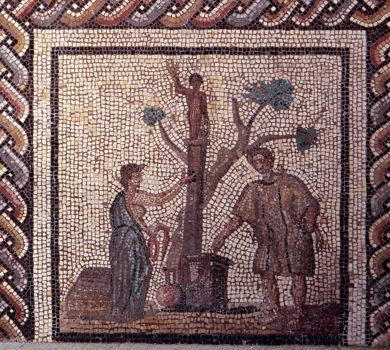 Gallo Roman Art: mosaikbeläggning som representerar en rustik kalender. Offerscen i Ceres och Apollo. Slutet 2:a, början av 300-talet efter JC. Från Saint-Romain-en-Gal (Rhône). Saint Germain en Laye, Nationalmuseet för arkeologi av Gallo Roman