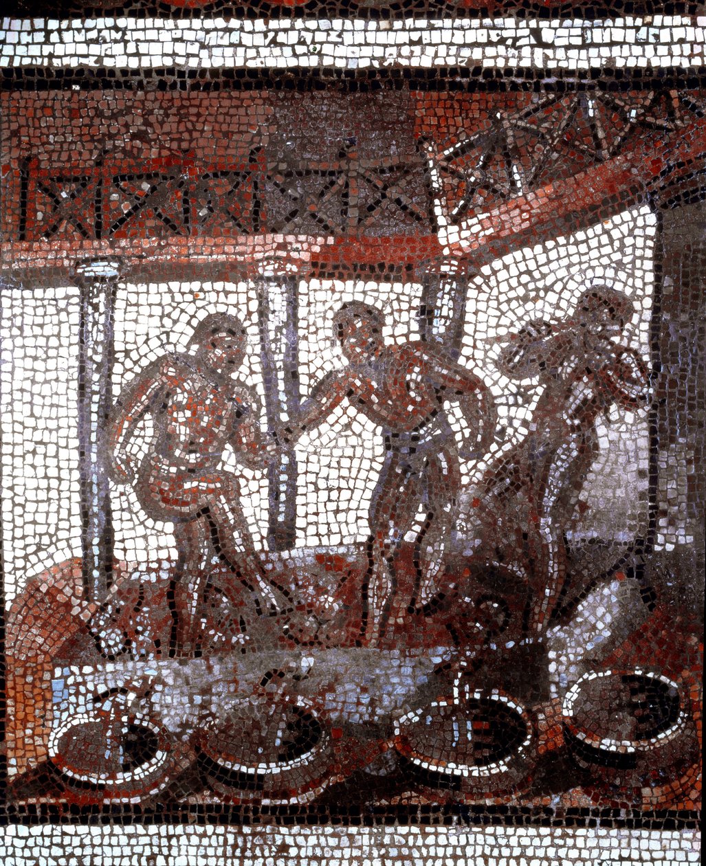 Scen av att trampa druvor i ett kar. (mosaik, slutet av 2:a, början av 3:e århundradet) av Gallo Roman