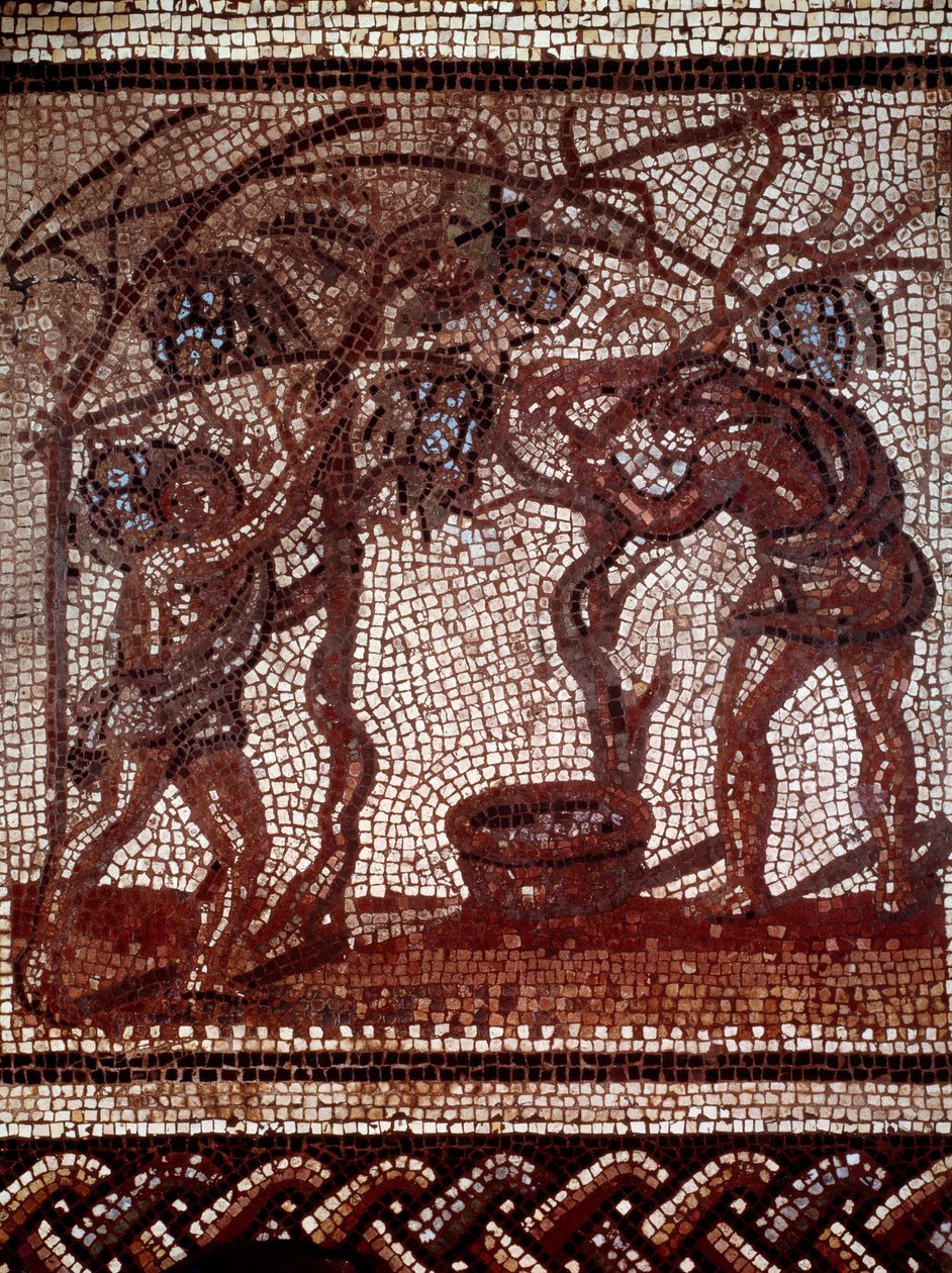 Galloromain konst: höst: plocka äpplen och skörda. Mosaikbeläggning som representerar en rustik kalender från Saint Romain en Gal. Slutet av 2:a-början 3:e århundradet. Saint Germain en Laye, Antikvitets museum av Gallo Roman Gallo Roman