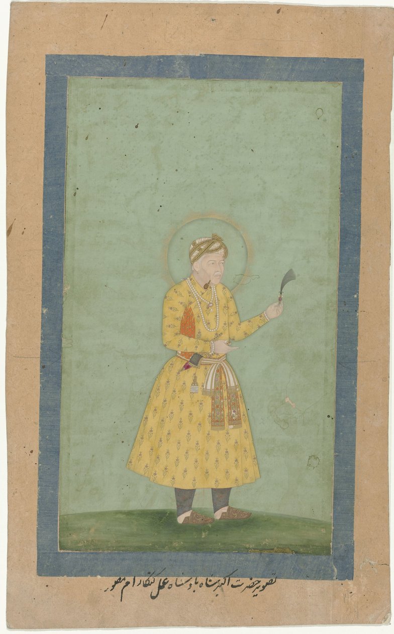 Porträtt av Akbar, stående, med fjäderplym i handen av Gangaram (attributed to)