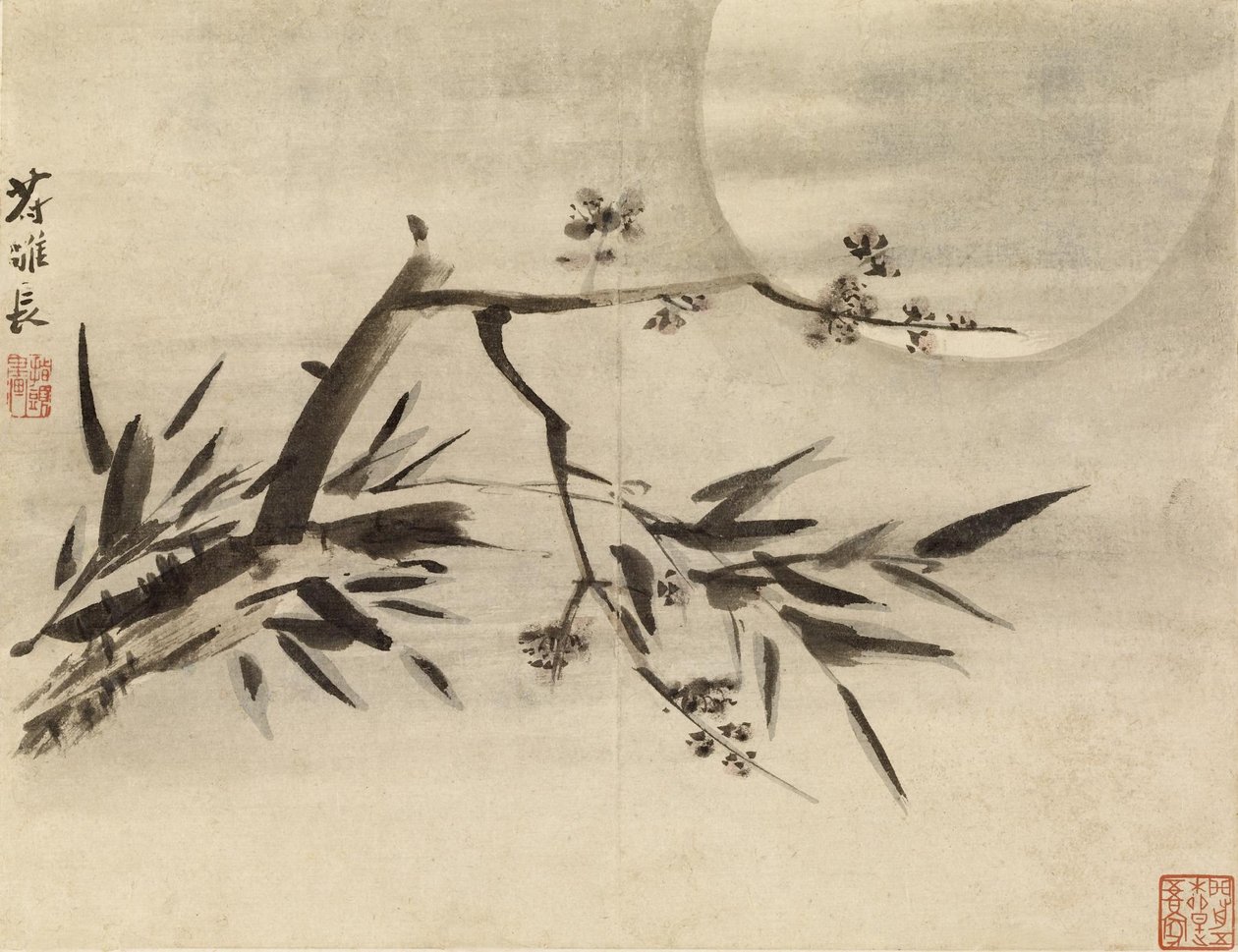 Bambu, plommonblommor och måne av Gao Qipei