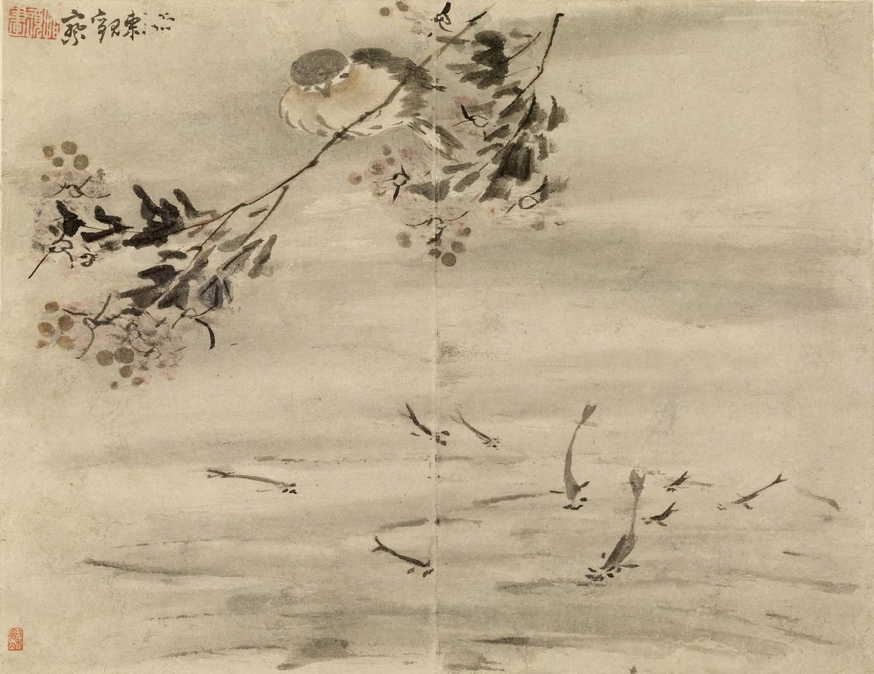Fågel som betraktar en fisk av Gao Qipei